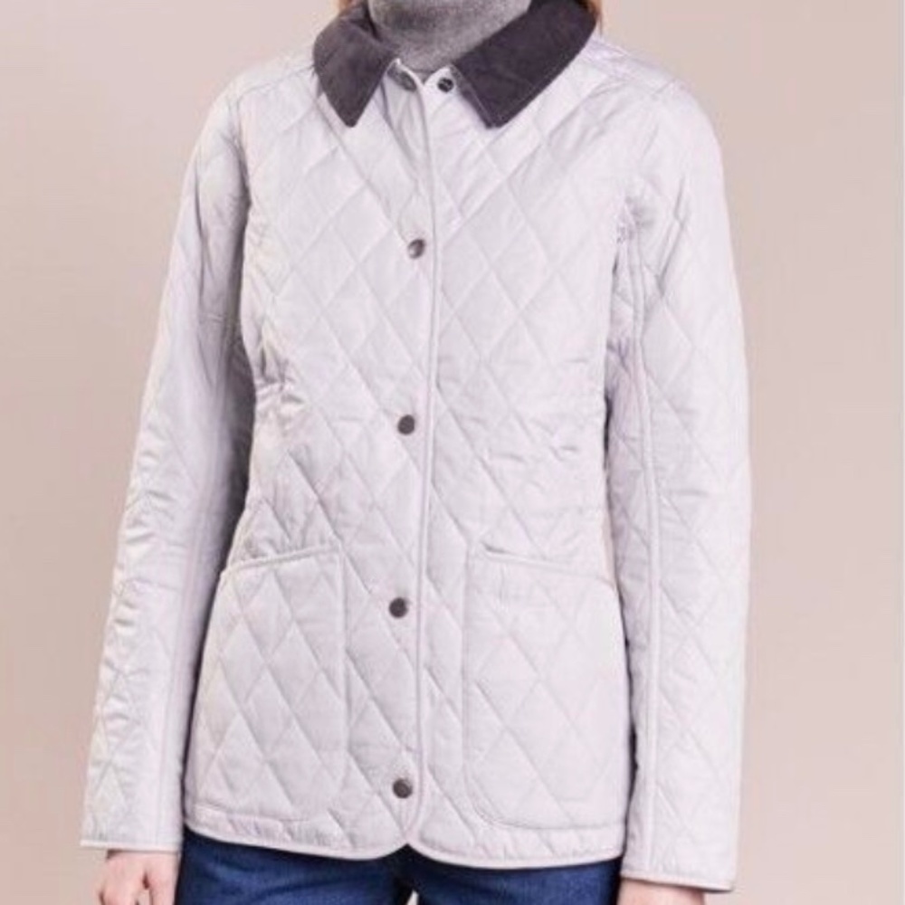 Barbour Quilted Light Grey Annandale Jacket with Summer Tartan Lining
